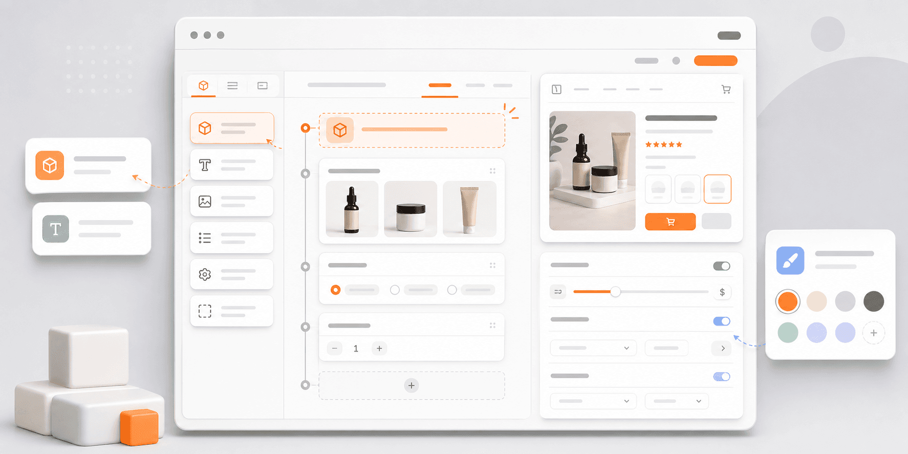 FoxSell Configuration Builder preview showing a visual bundle editor with products, controls, and storefront preview