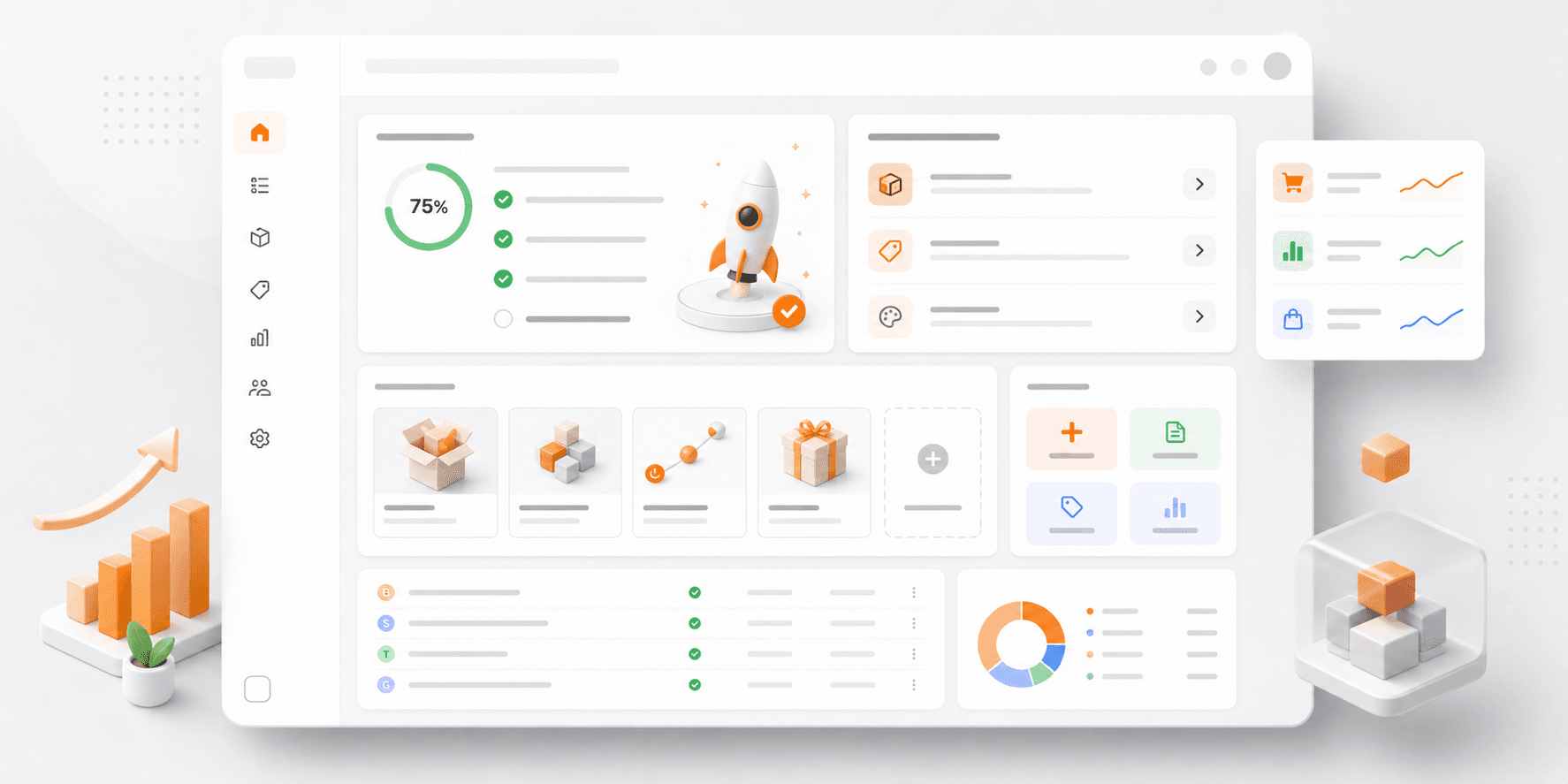 Illustration of the refreshed FoxSell dashboard home with setup progress, recommended next steps, and bundle templates