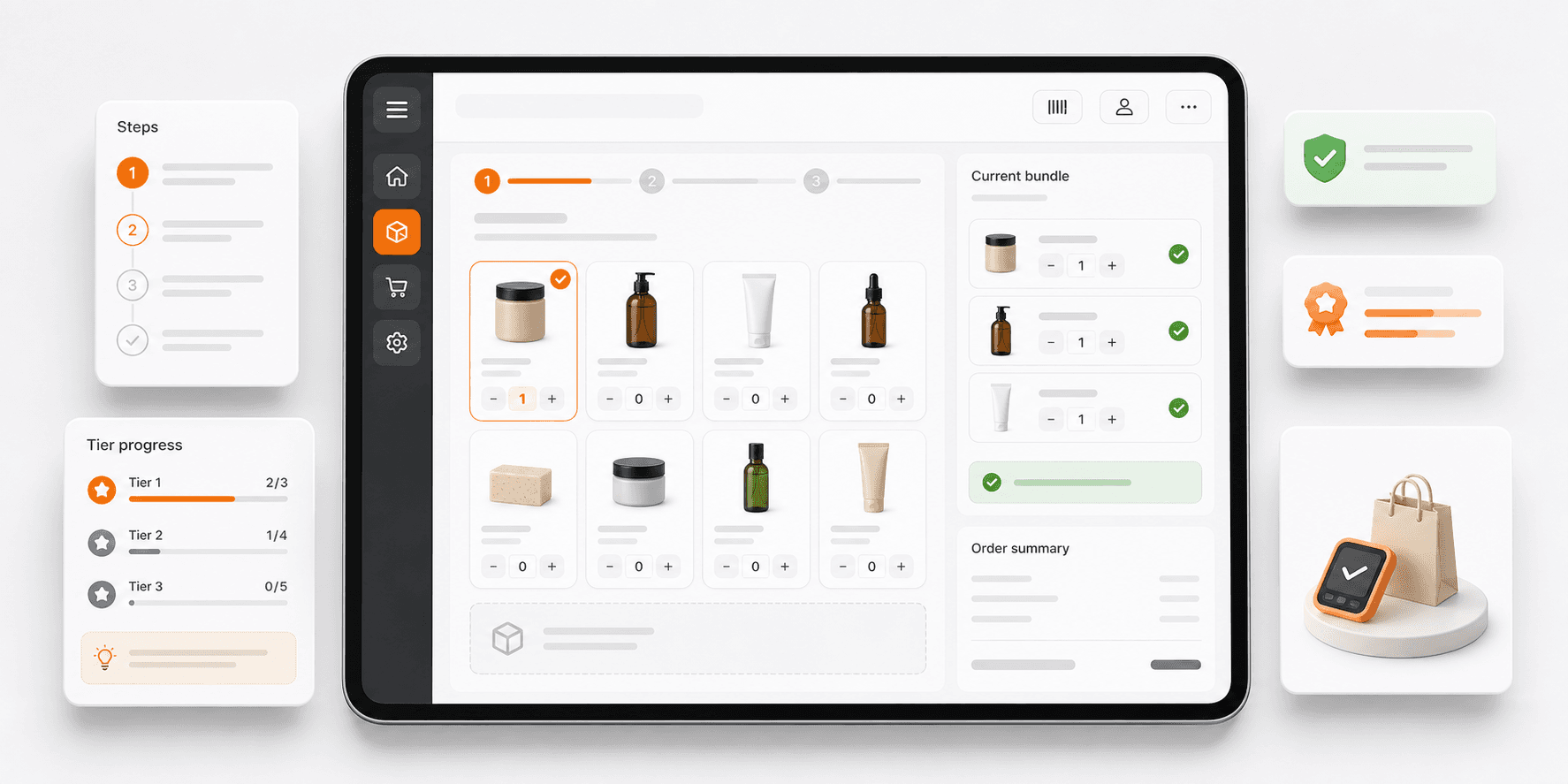 Illustration of the FoxSell POS bundle editor with guided steps, tier progress, selected products, and bundle validation