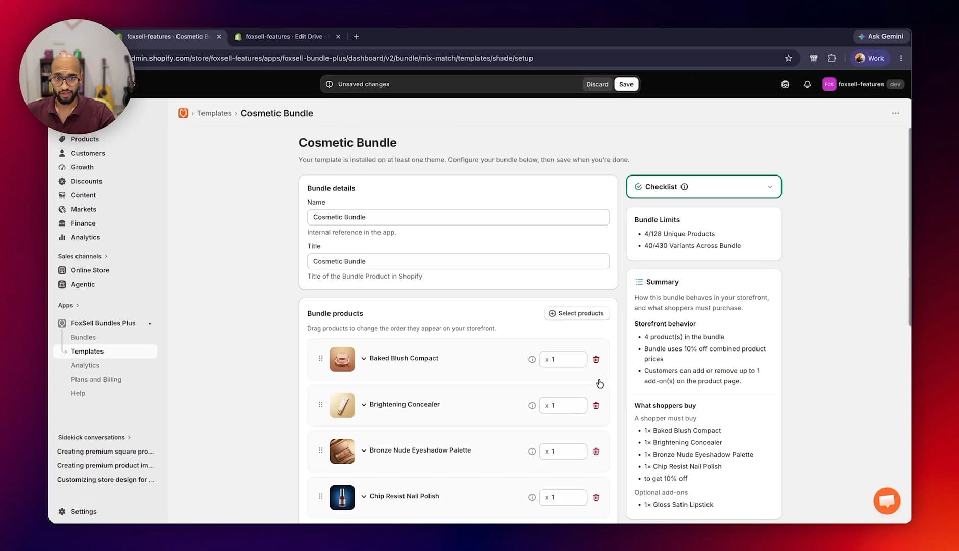FoxSell help docs showing products, add-ons, and pricing setup for a fixed bundle with infinite variants