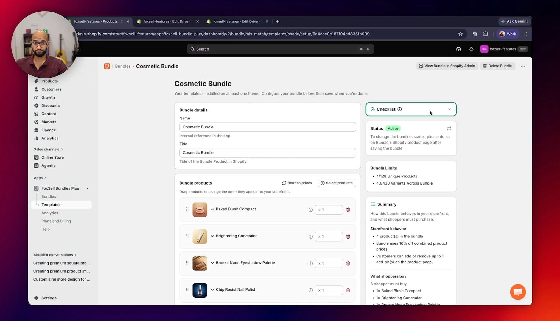 FoxSell help docs showing a storefront builder preview for Fixed Bundle with Infinite Variants