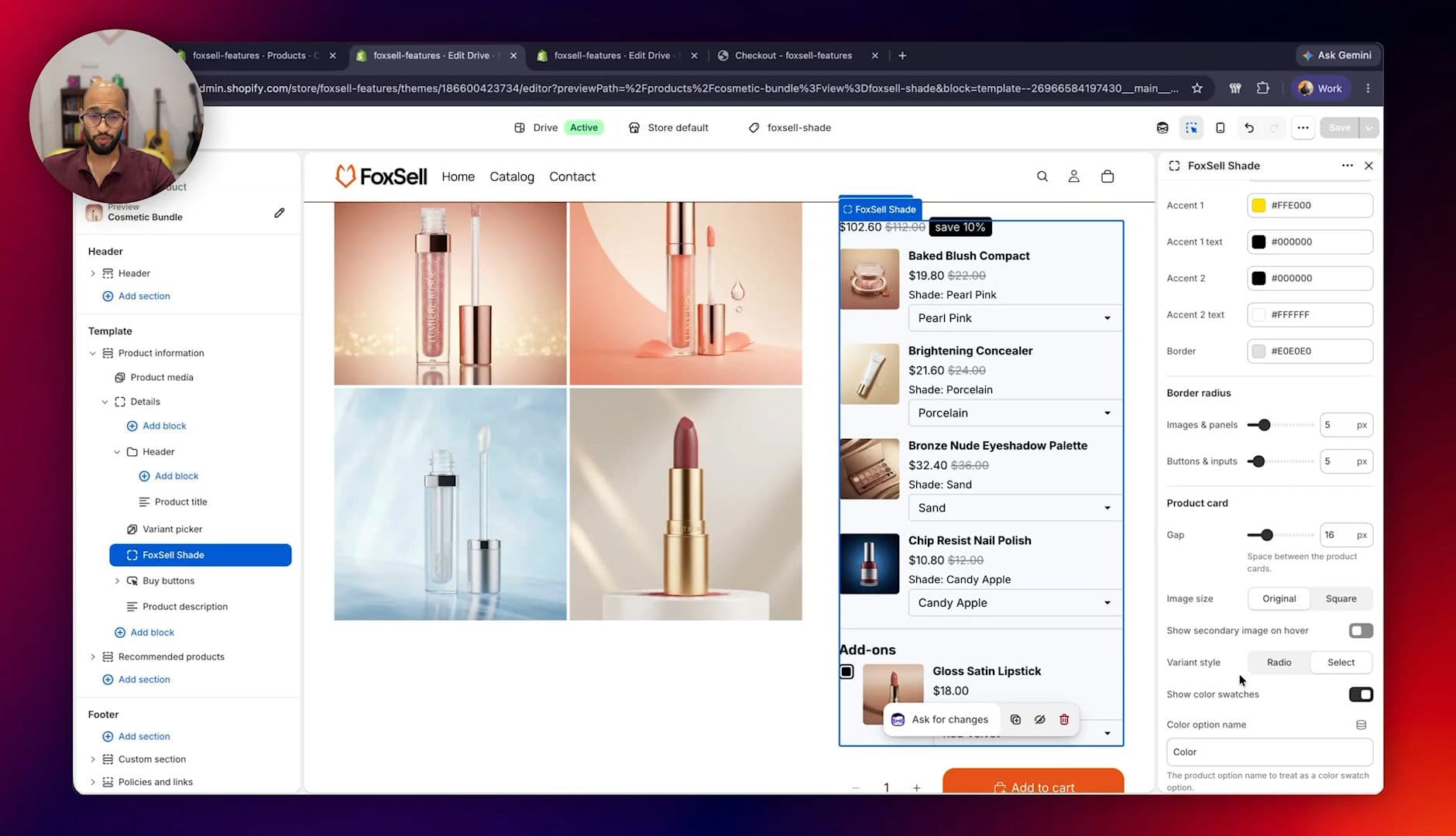 FoxSell help docs showing theme settings for color swatches