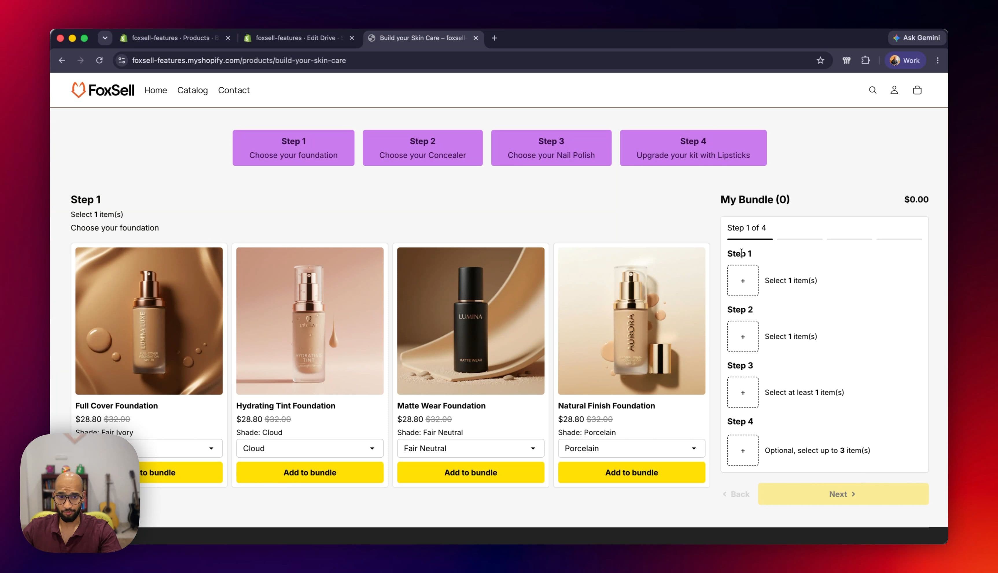 FoxSell help docs showing a Guided Steps Bundle Builder storefront preview