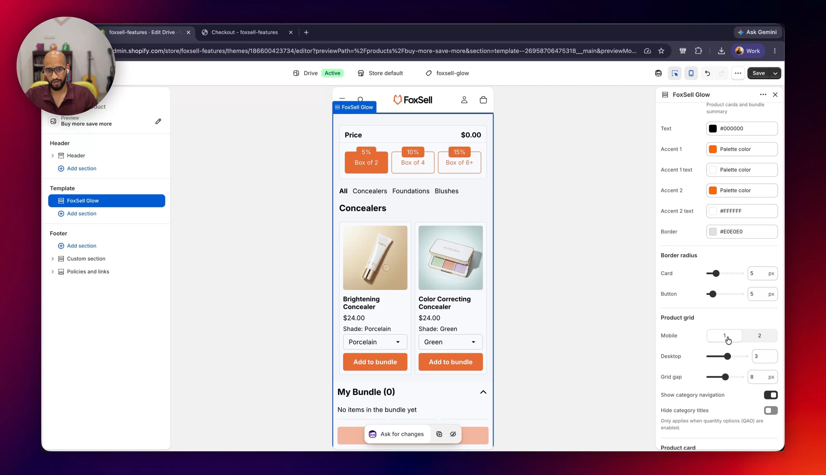 FoxSell help docs showing section settings for a Tiered Bundle Builder setup