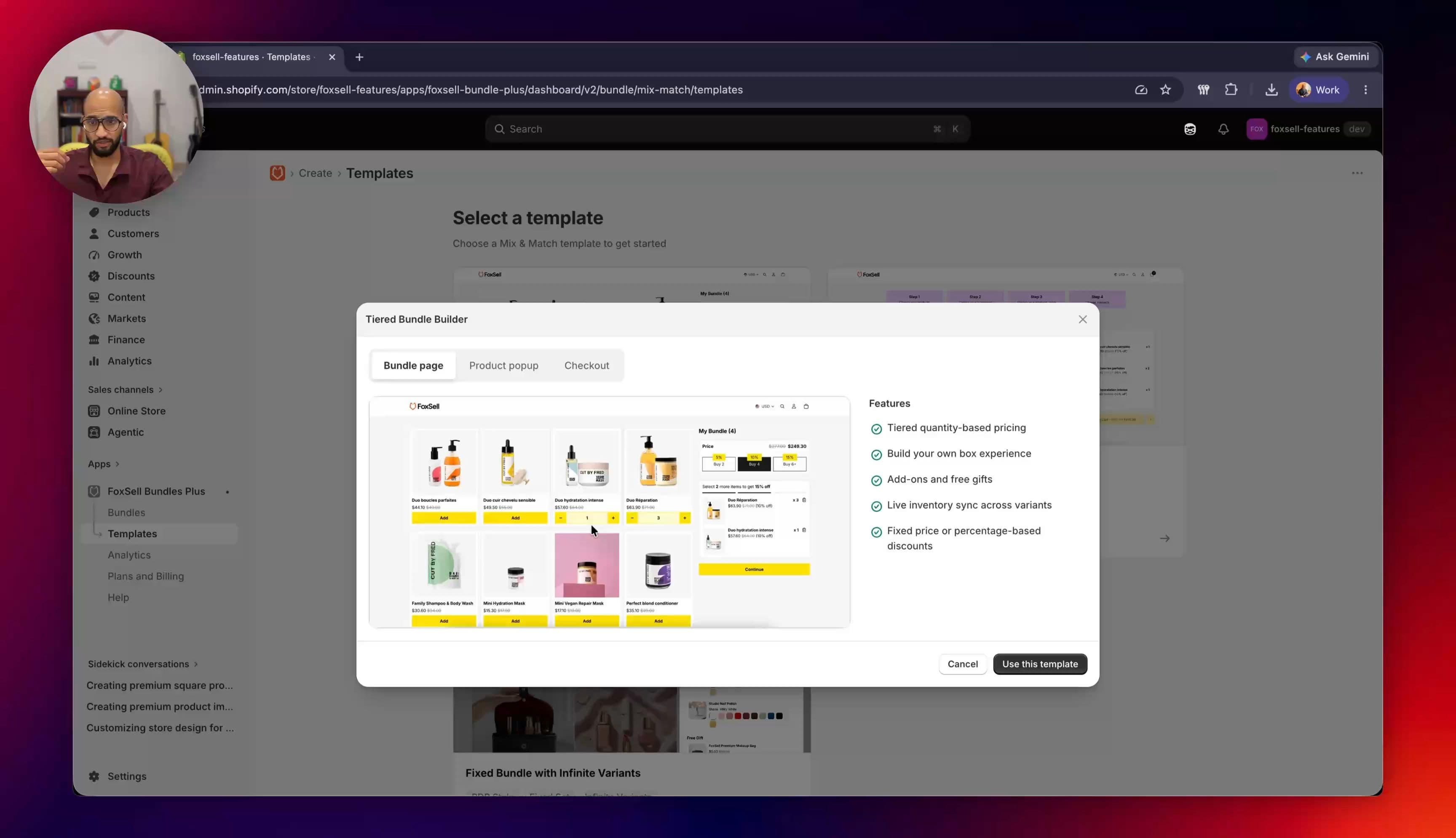 FoxSell help docs showing the Tiered Bundle Builder setup template selection screen
